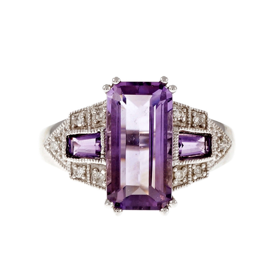 Estate Emerald Cut Amethyst Ring 14k White Gold Diamond